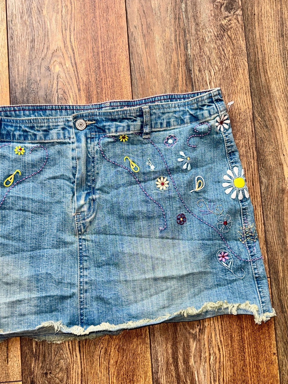 Vintage Embroidered Denim Mini Skirt - Blue with Multicolor Flowers